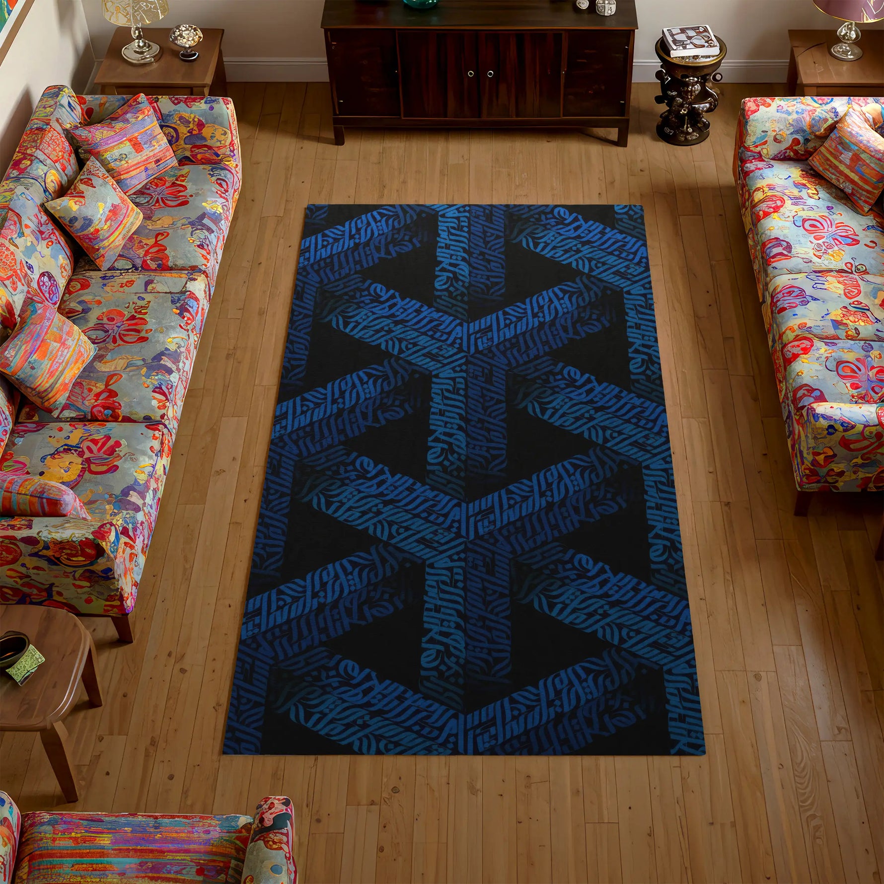 Black and blue abstract graffiti style area rug