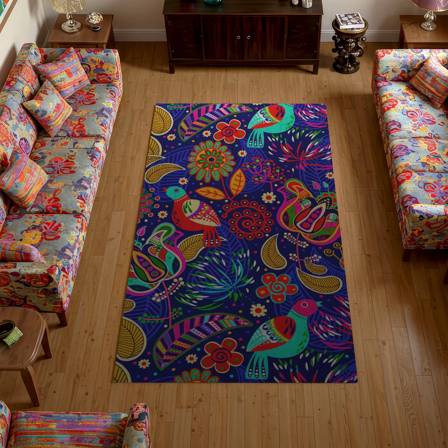 Colorful patterned rug in a living room with floral and abstract designs.