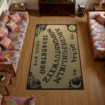 Ouija board rug in a living room with colorful couches.