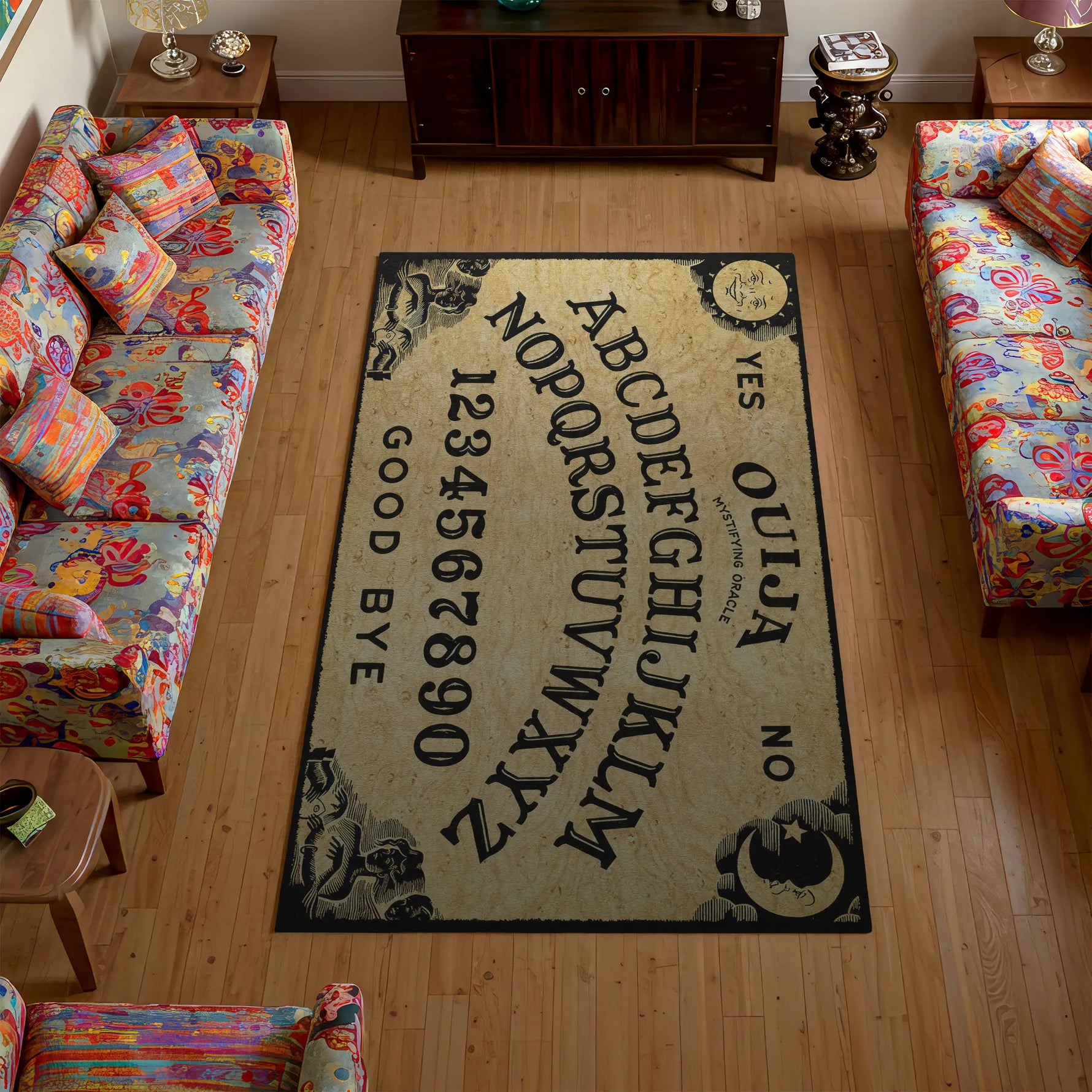 Ouija board rug in a living room with colorful couches.