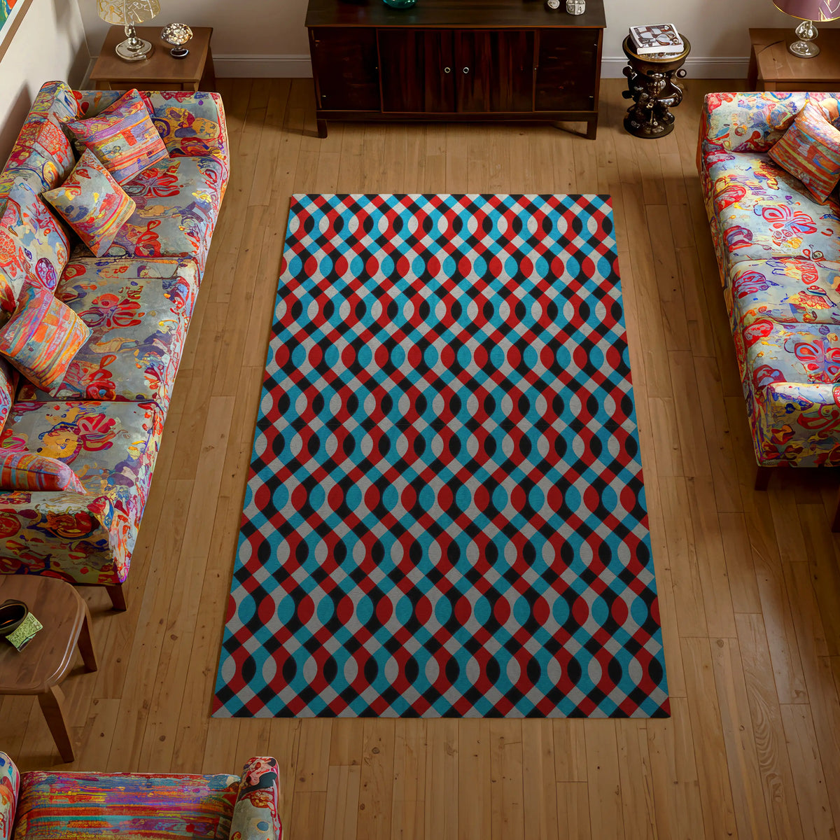 Living room with a colorful geometric-patterned rug on a wooden floor.