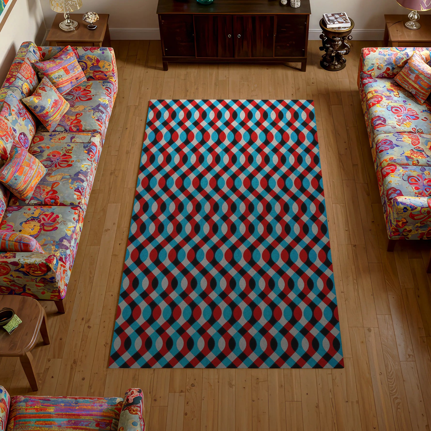 Living room with a colorful geometric-patterned rug on a wooden floor.