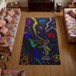 Colorful abstract rug on a wooden floor with patterned chairs in a room.