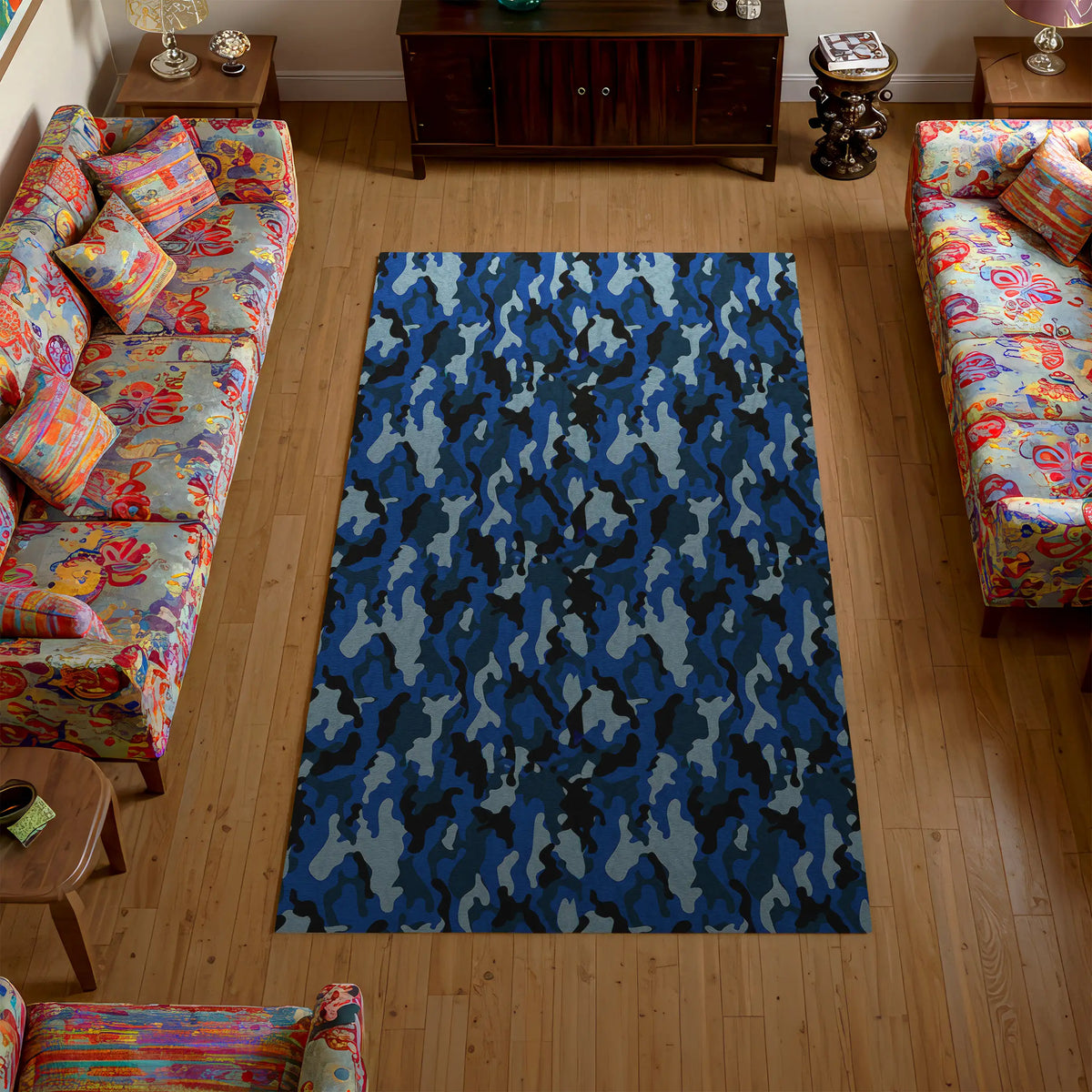 Soft blue camo rug with modern military-inspired design