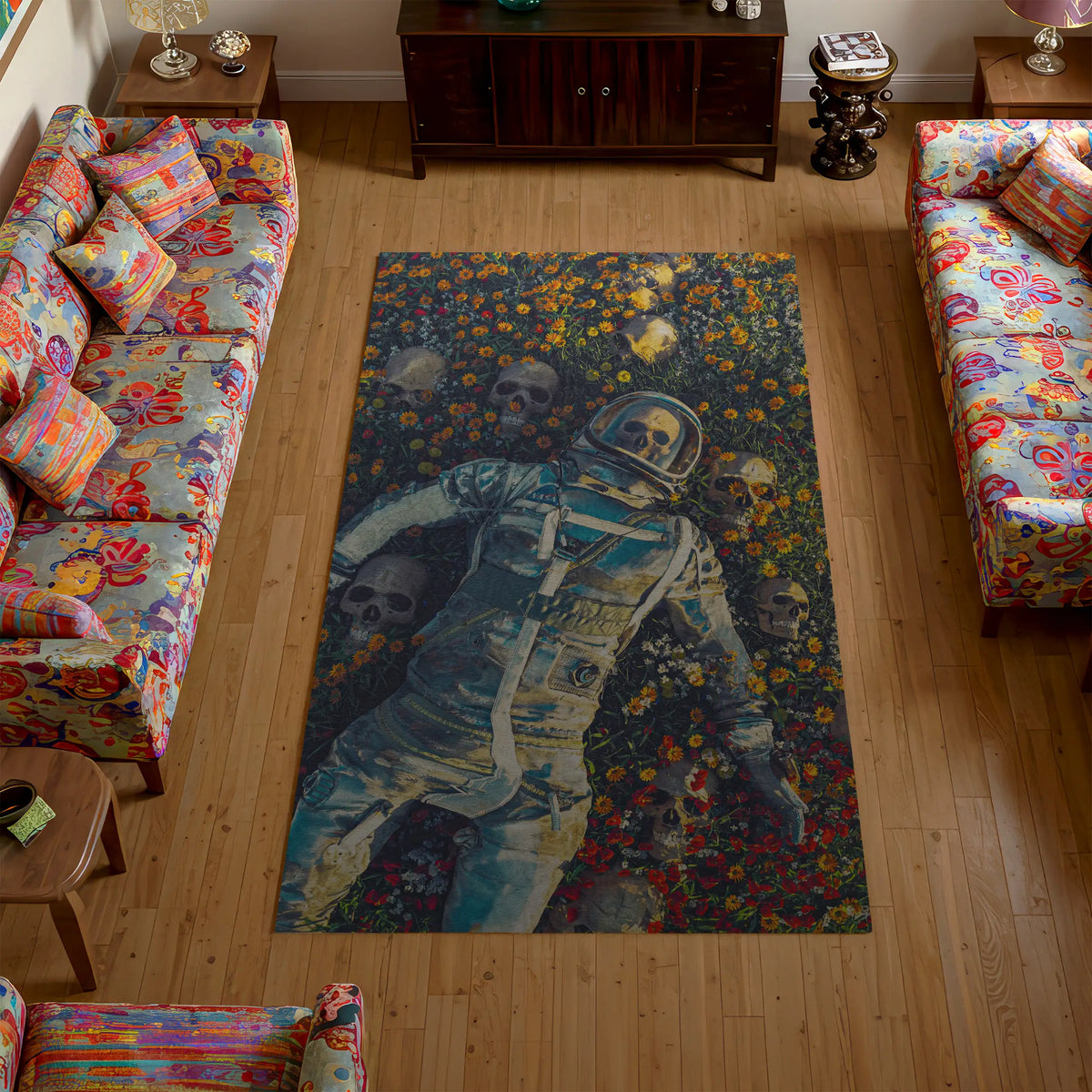 Colorful rug with an astronaut design in a living room with floral-patterned sofas.