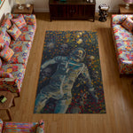 Colorful rug with an astronaut design in a living room with floral-patterned sofas.