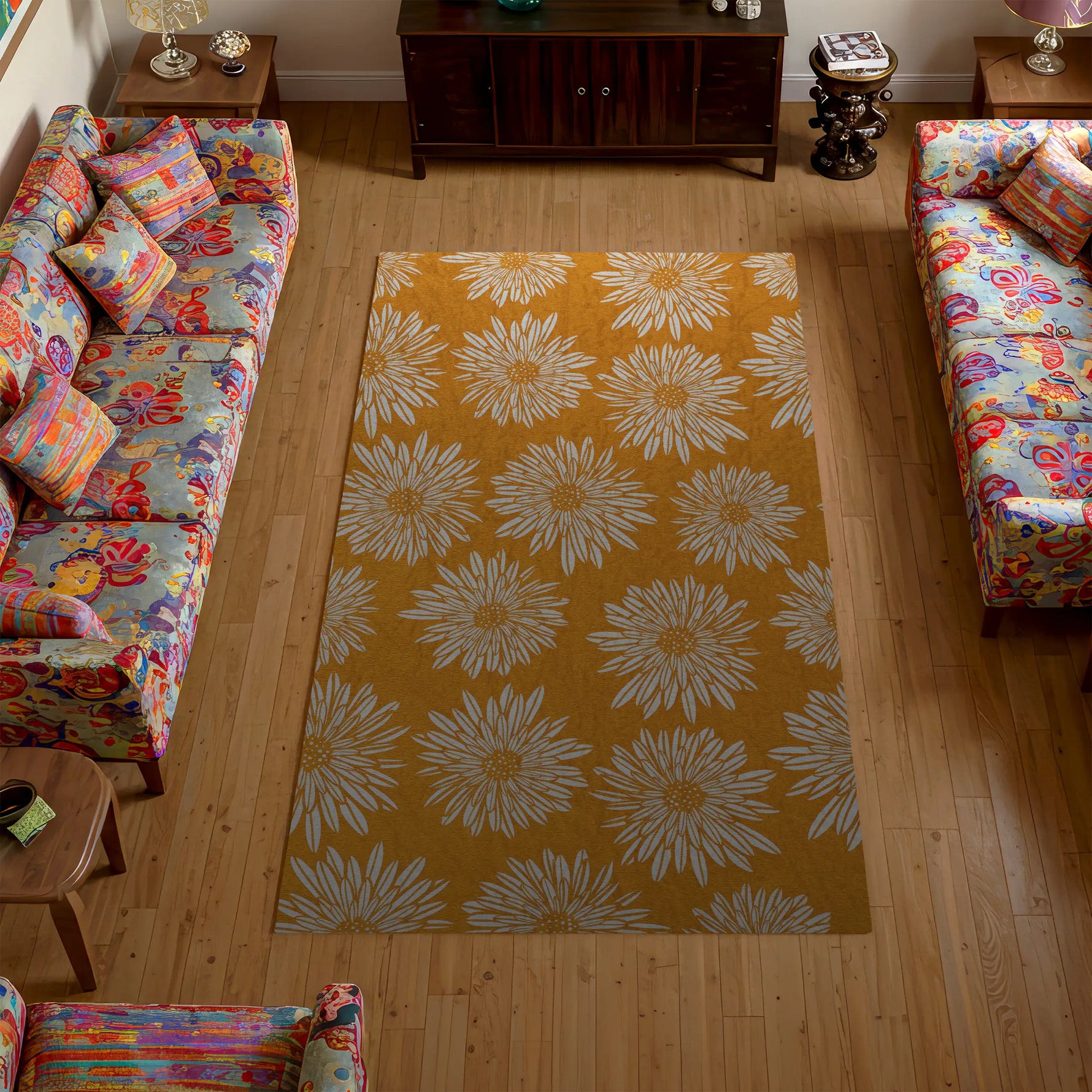 Living room with a floral-patterned rug on wooden flooring