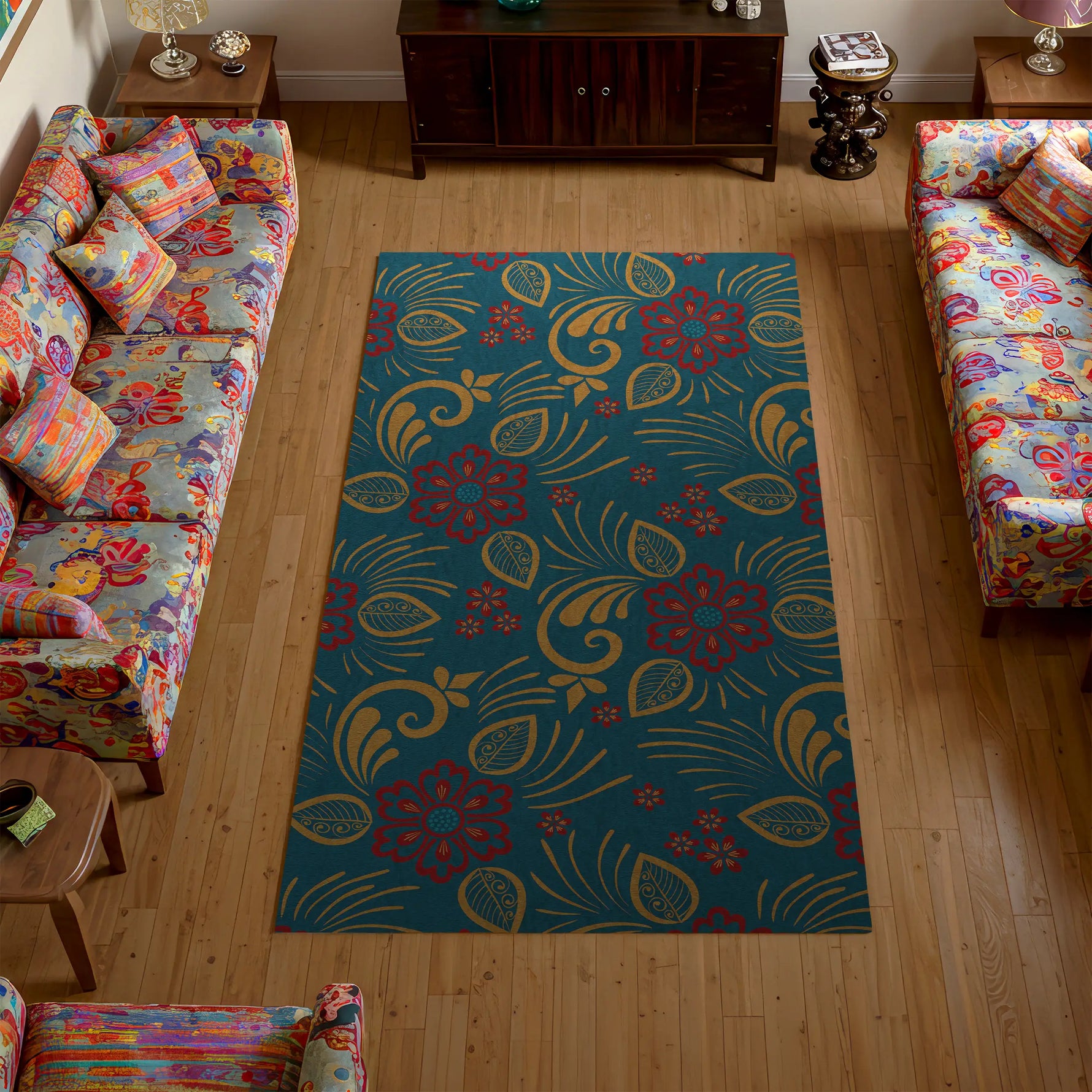 Decorative rug with floral pattern on a wooden floor in a living room setting.