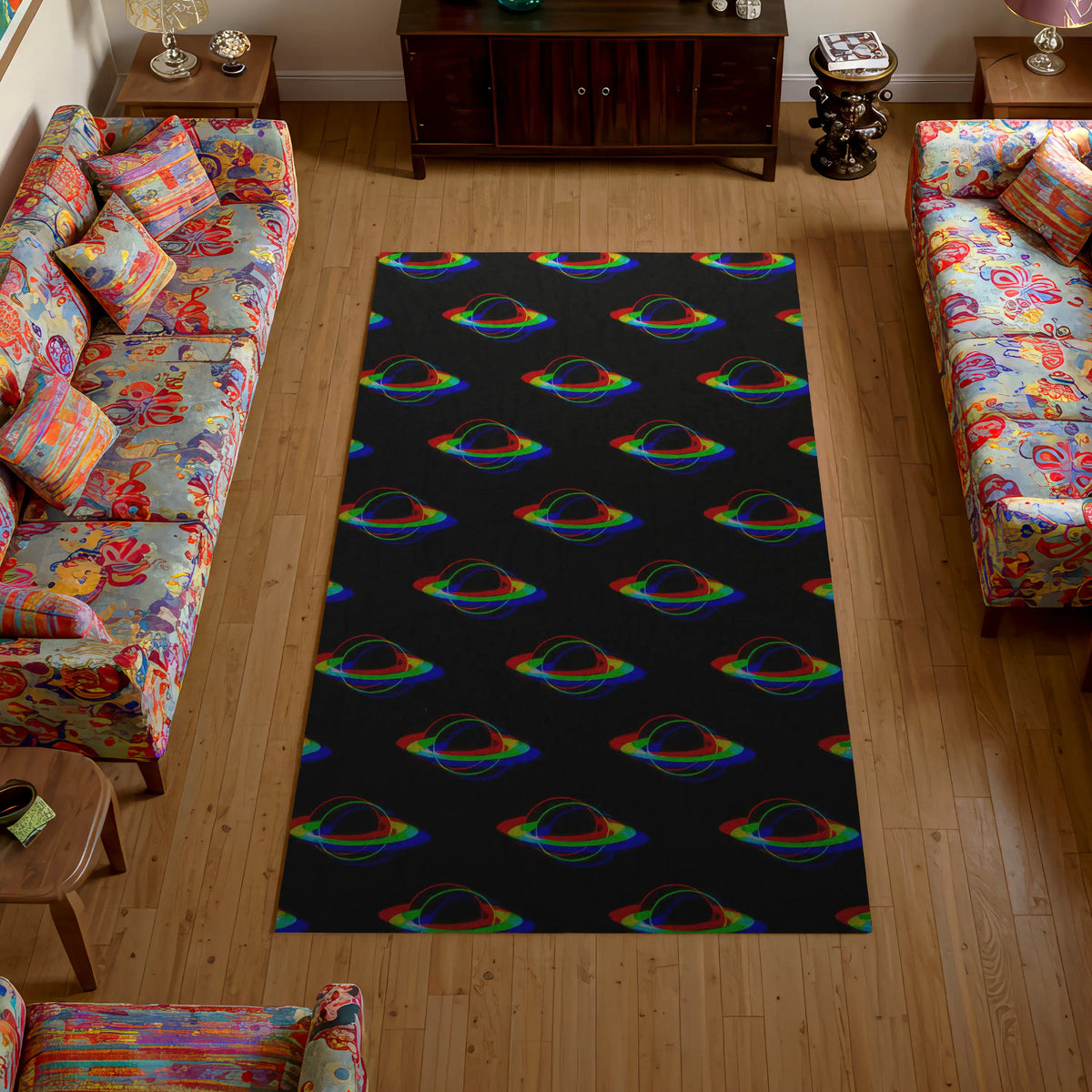Living room with a colorful rug featuring rainbow patterns on a black background