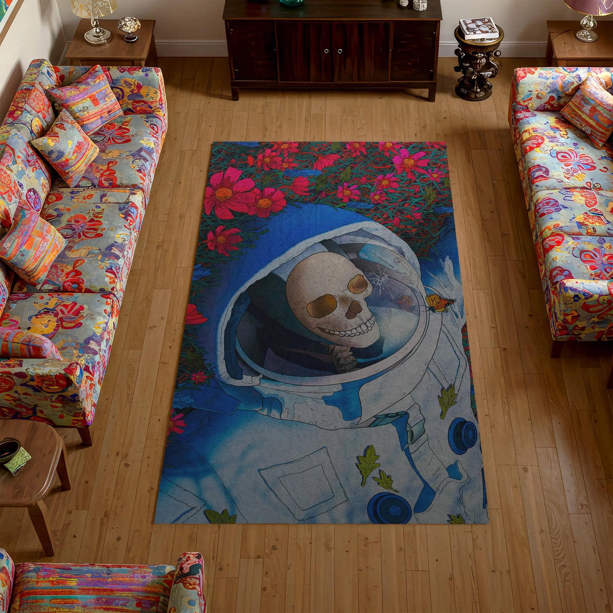 Colorful rug with a skull design in a living room with floral-patterned furniture.