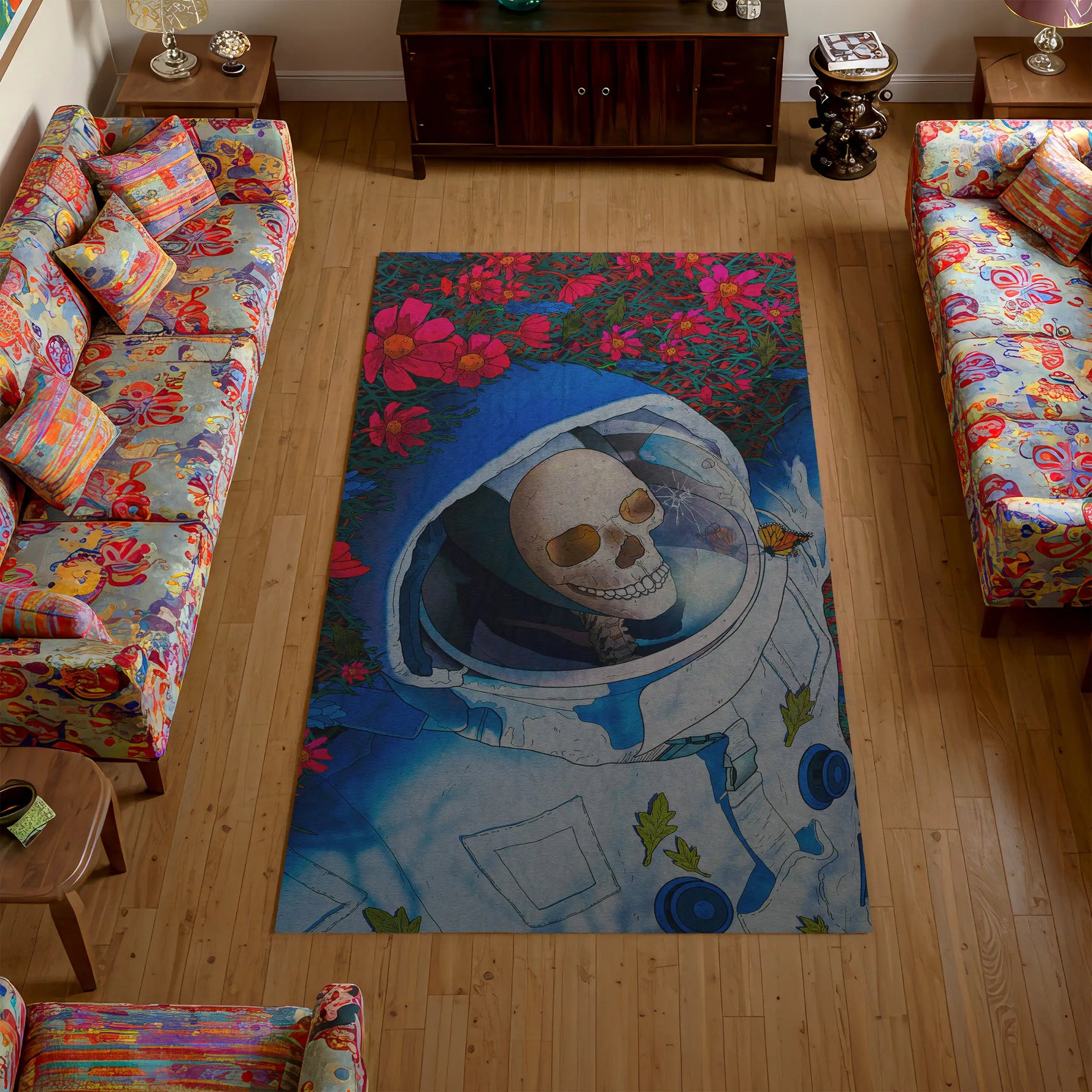 Colorful rug with a skull design in a living room with floral-patterned furniture.