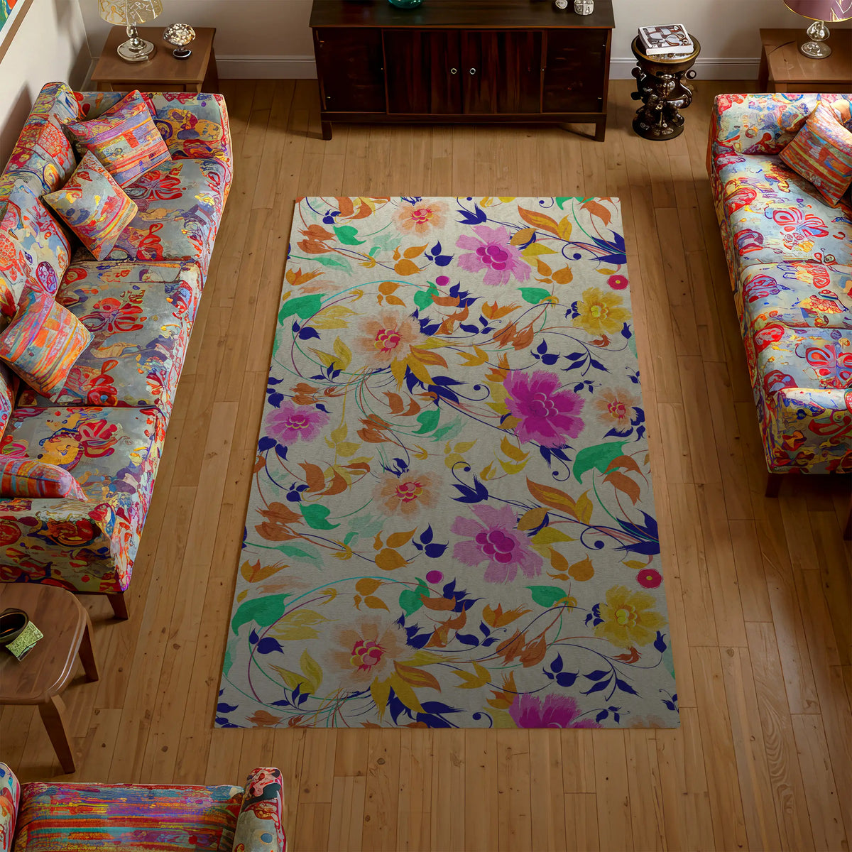 Colorful floral rug in a living room with floral-patterned furniture.