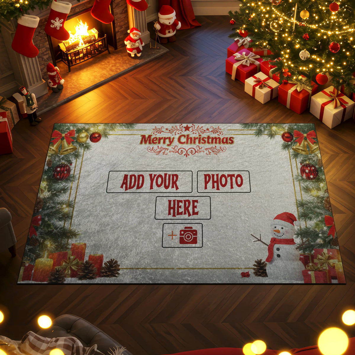 Christmas-themed photo mat with text 'Merry Christmas Add Your Photo Here' on a wooden floor.