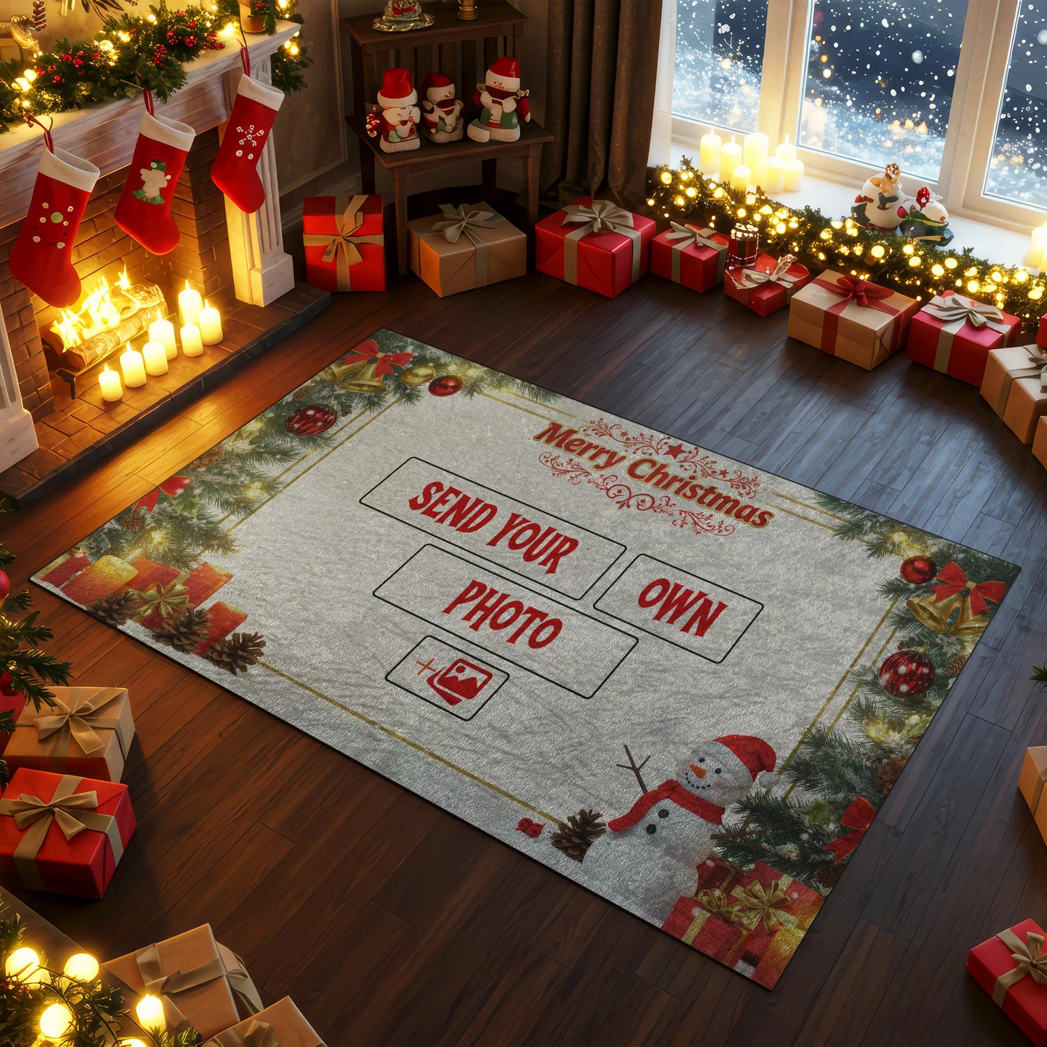 Custom photo Christmas rug with holiday border and snowman