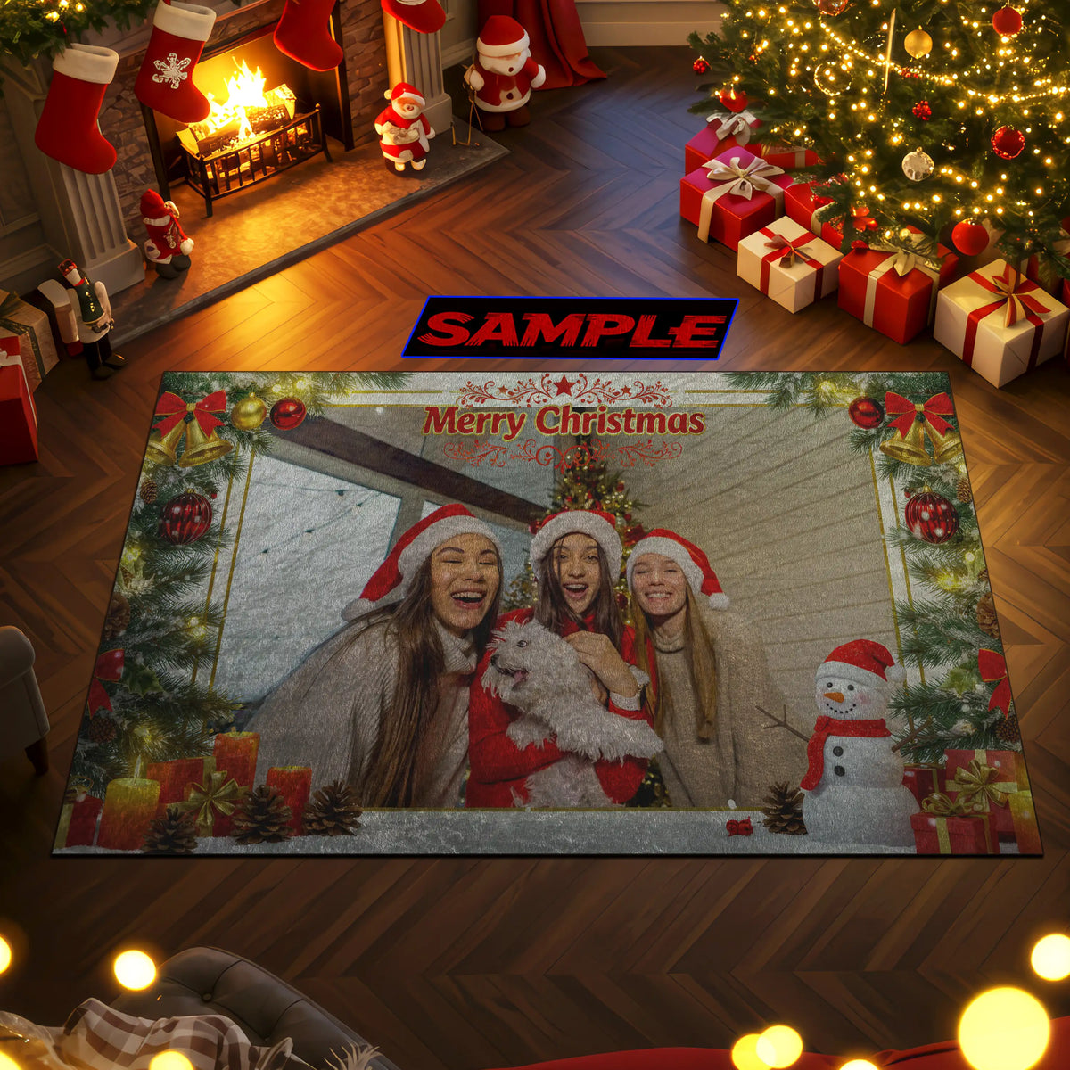 Decorative Christmas rug with a family photo and festive design, placed in a room with a Christmas tree and stockings.