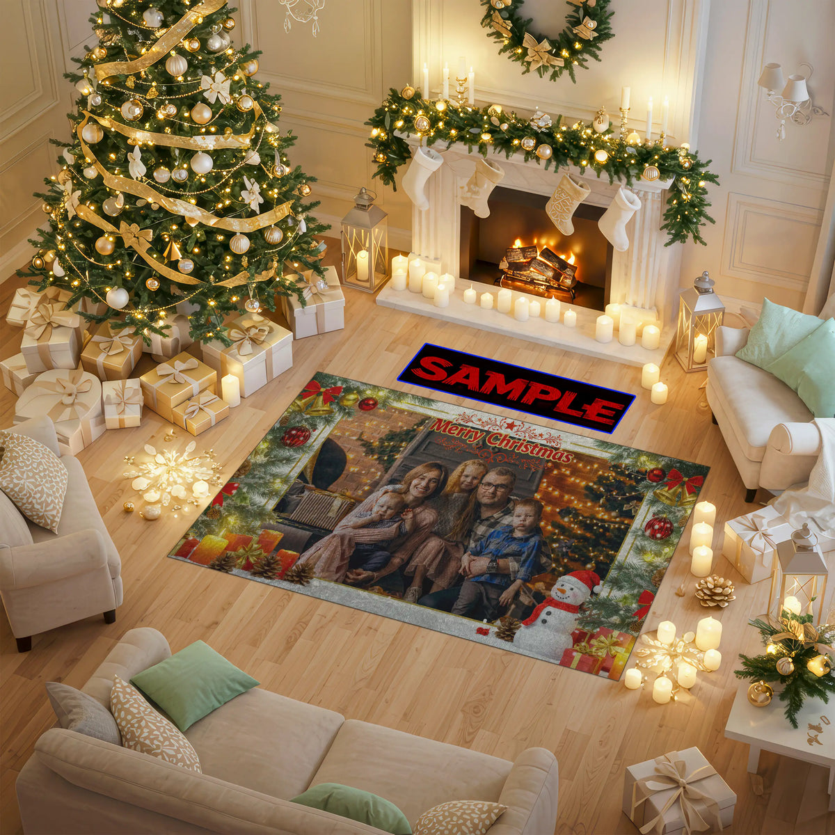 Decorated living room with Christmas tree, fireplace, and presents, featuring a Christmas-themed rug.