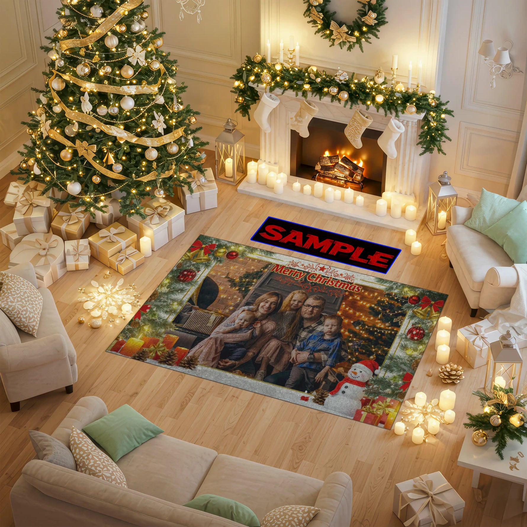 Decorated living room with Christmas tree, fireplace, and presents, featuring a Christmas-themed rug.