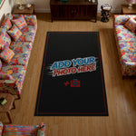 Personalized black rug featuring custom artwork in modern home interior